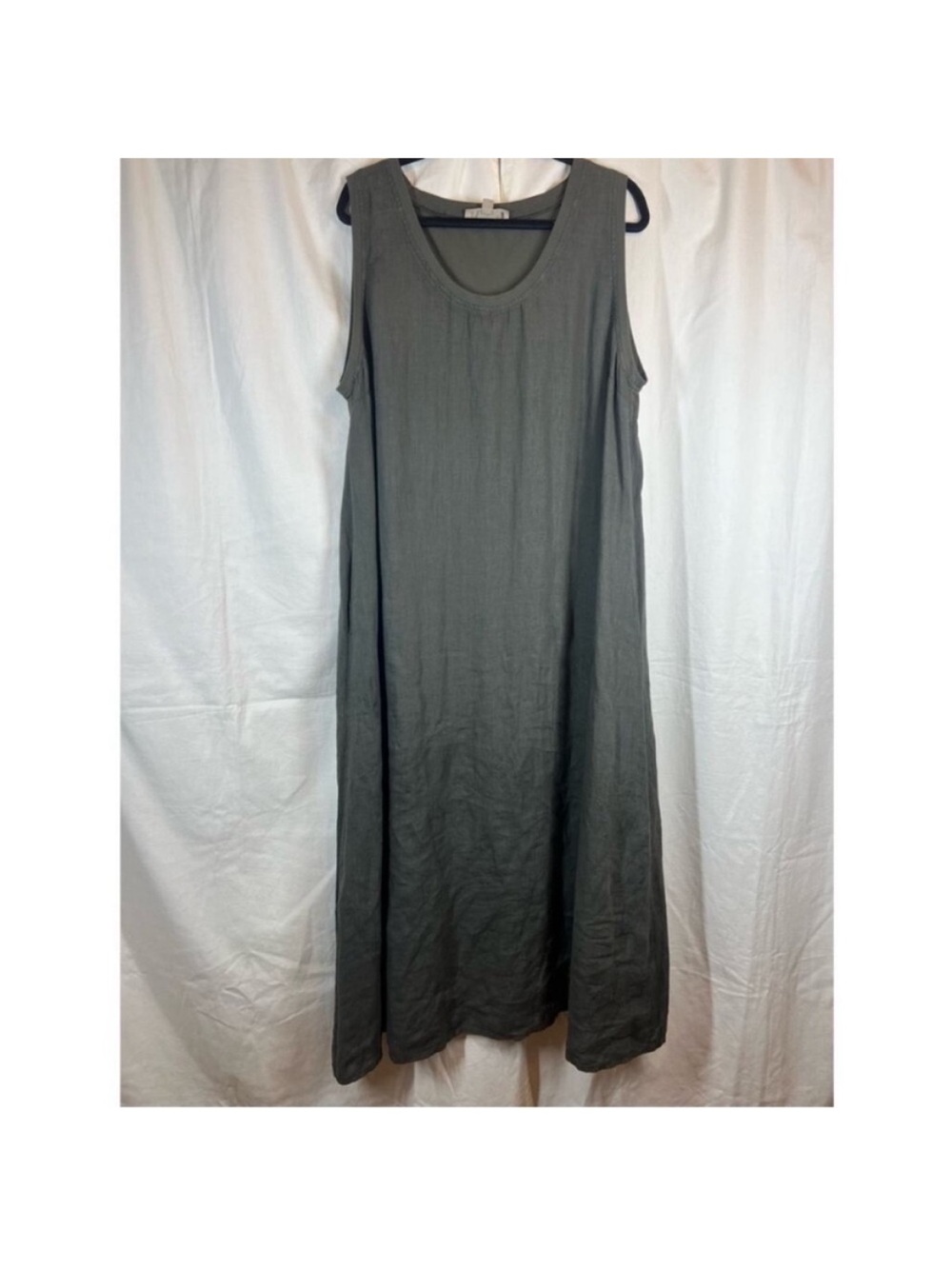 Flax 100% linen stone grey sleeveless midi dress lagenlook classic